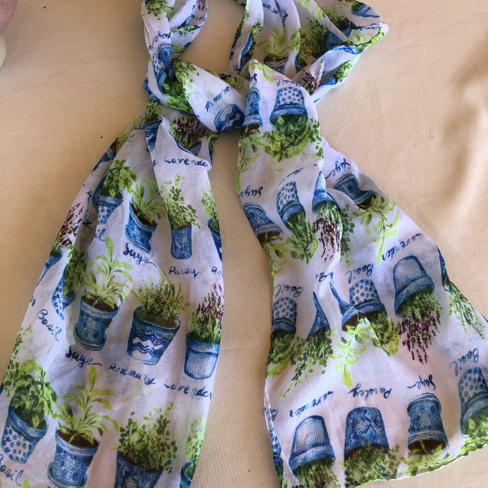 Women’s Scarf Herb Gardening Motif Lavender Basil Sage Rosemary Blue Green Plant